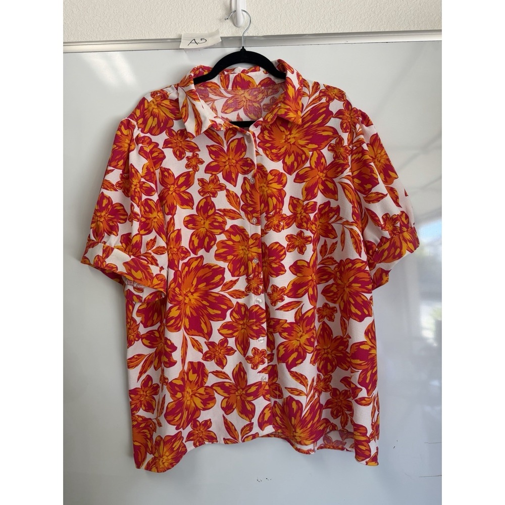 Women's Plus Size Floral Button-Down Shirt Short Sleeve Casual Blouse Top 3 XL